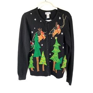 Investments Christmas Sweater Black Size M Women Caridgan Covered Buttons Santa.